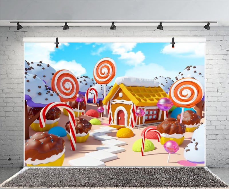 AOFOTO 5x3ft Kids Lollipop Candyland Photo Backdrop Vinyl Wallpaper Newborn Baby Sweet Cake Snow Covered House Candy World Cupcakes Photography Background Birthday Party Decor Photo Studio Props - Image 2